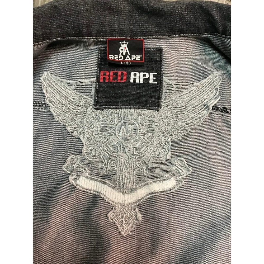 Red Ape Mens Black Denim Embroidered Jacket and Jeans 36x32 L Streetwear Hip Hop - Picture 12 of 16